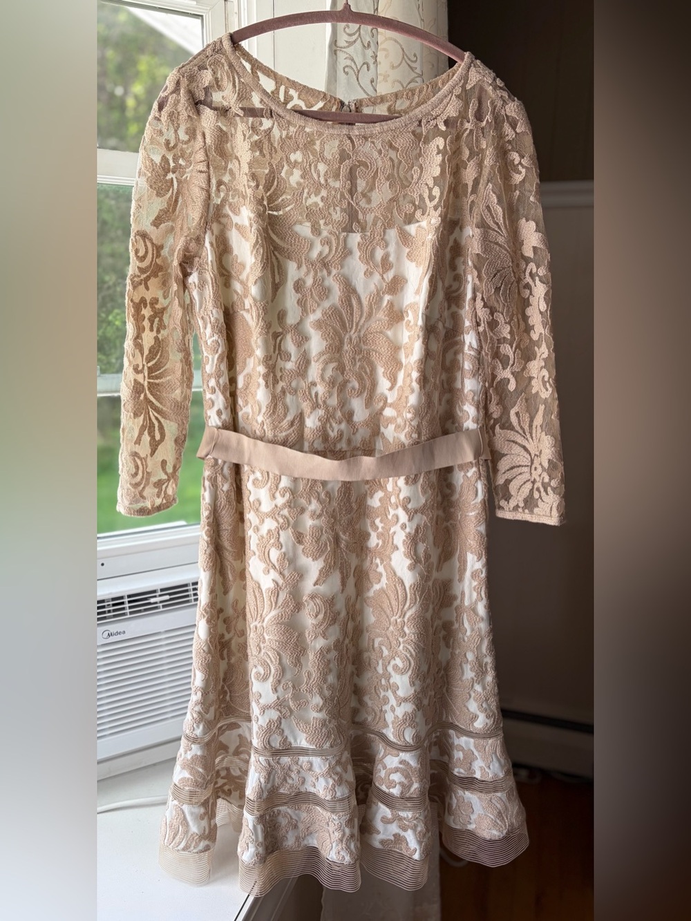 Tadashi Shoji Kennedy Embroidered Lace Dress Nude/Ivory Elegant Occasion Sz 16